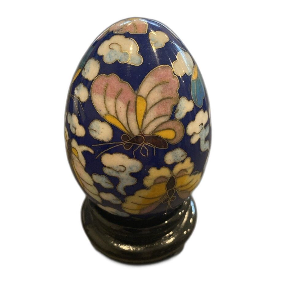 Chinese Cloisonne Decorative Egg Vintage Butterfly Base Multicolor